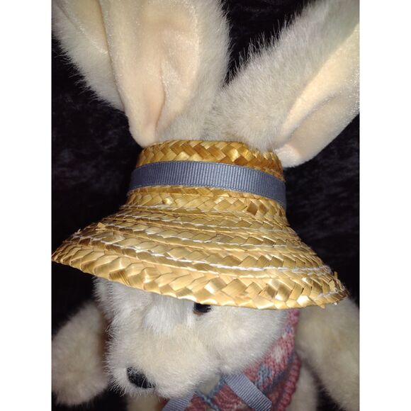 Plush Stuffed‎ Jointed Easter Bunny Rabbit with Pink Blue Sweater and Straw Hat - Picture 4 of 6